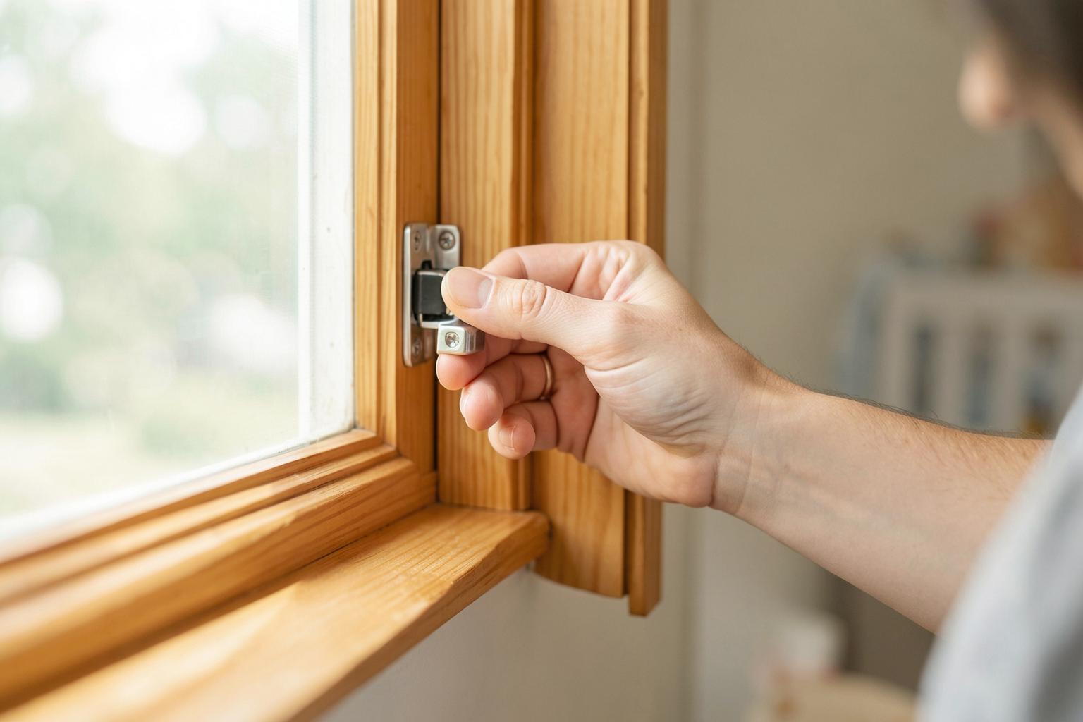 A specialist checking a window lock with a parent