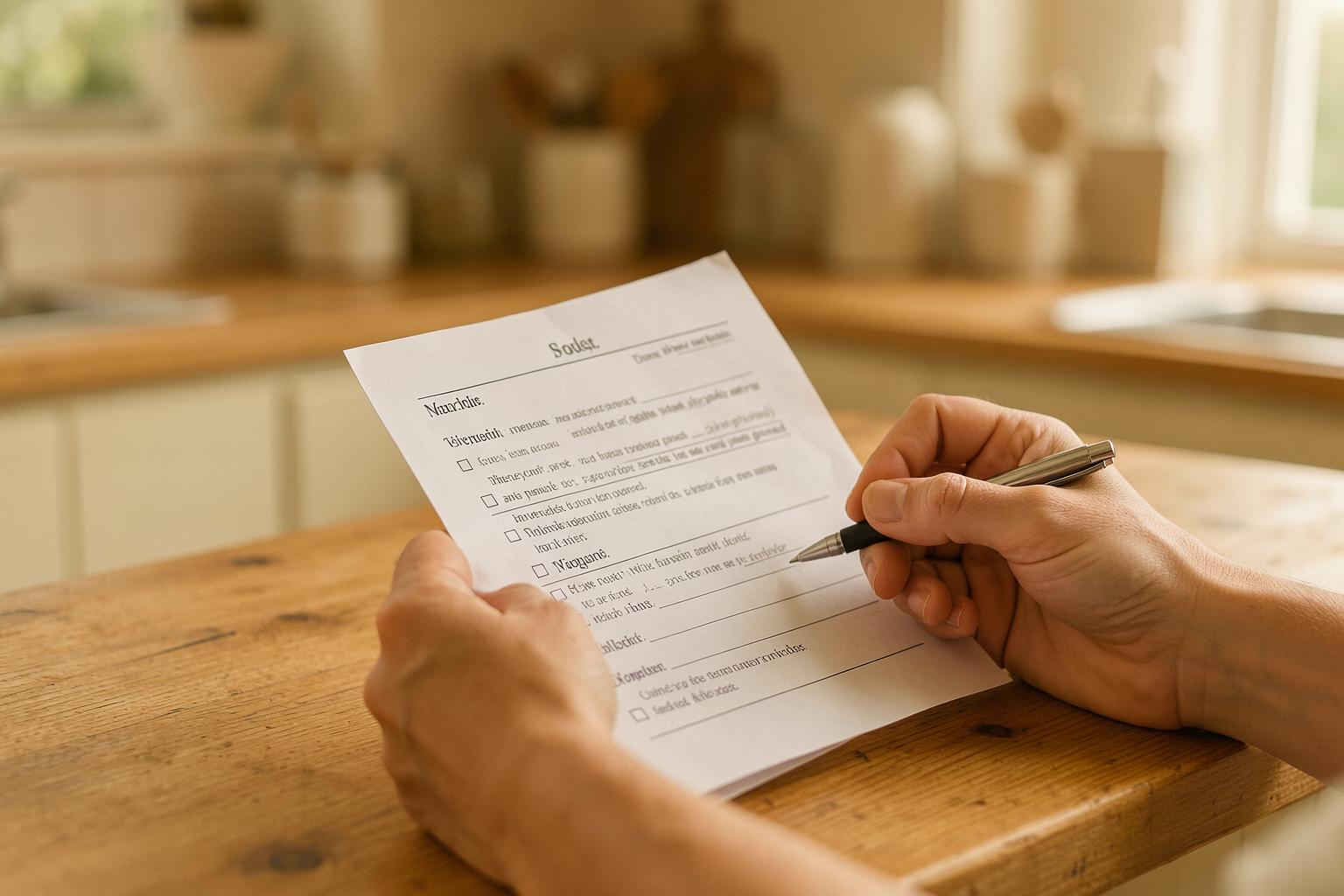 A parent working through a home safety checklist at a warm kitchen counter
