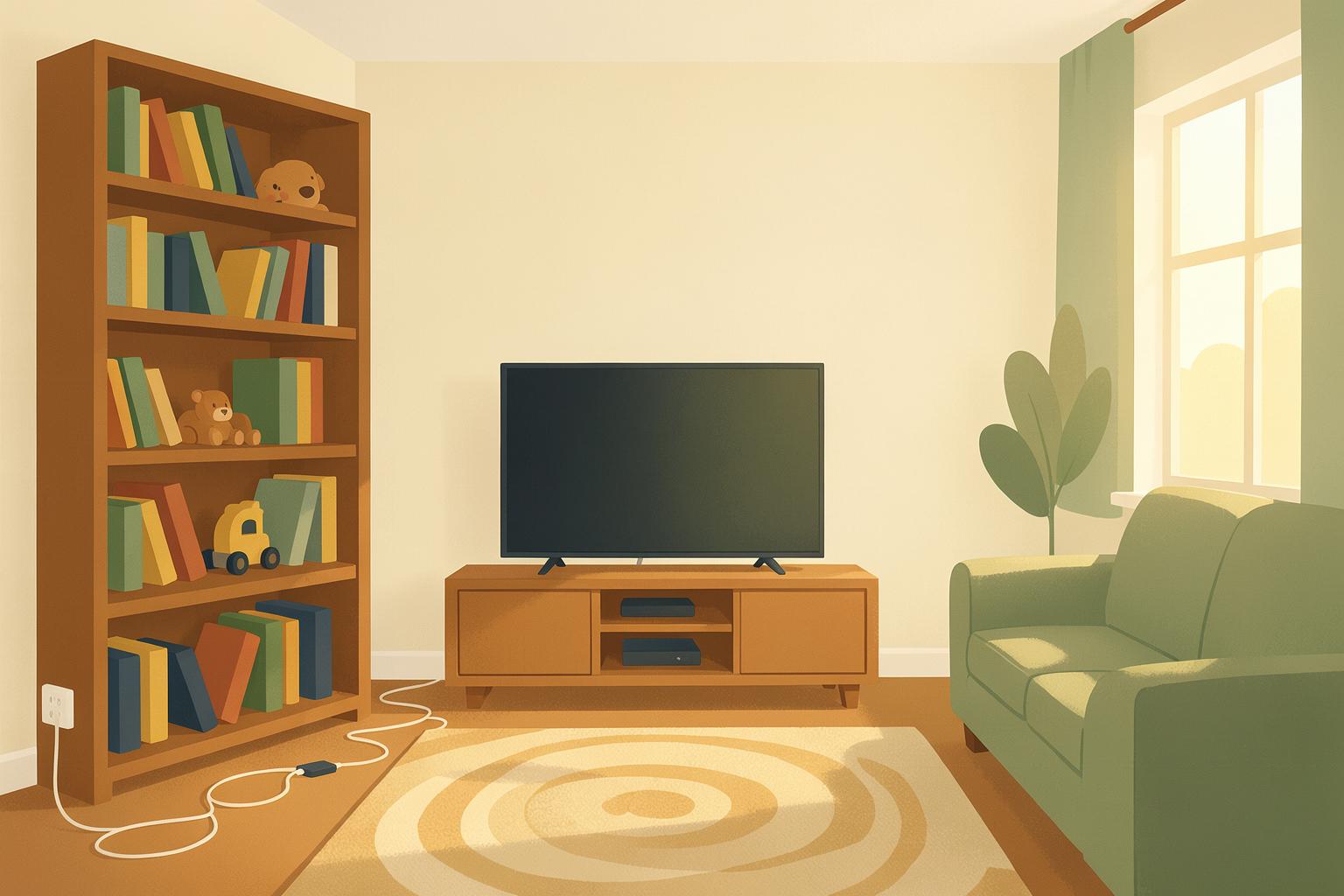 Sample illustration of the Miller family room before their journey — the tall bookshelf, television, outlets, and loose cords