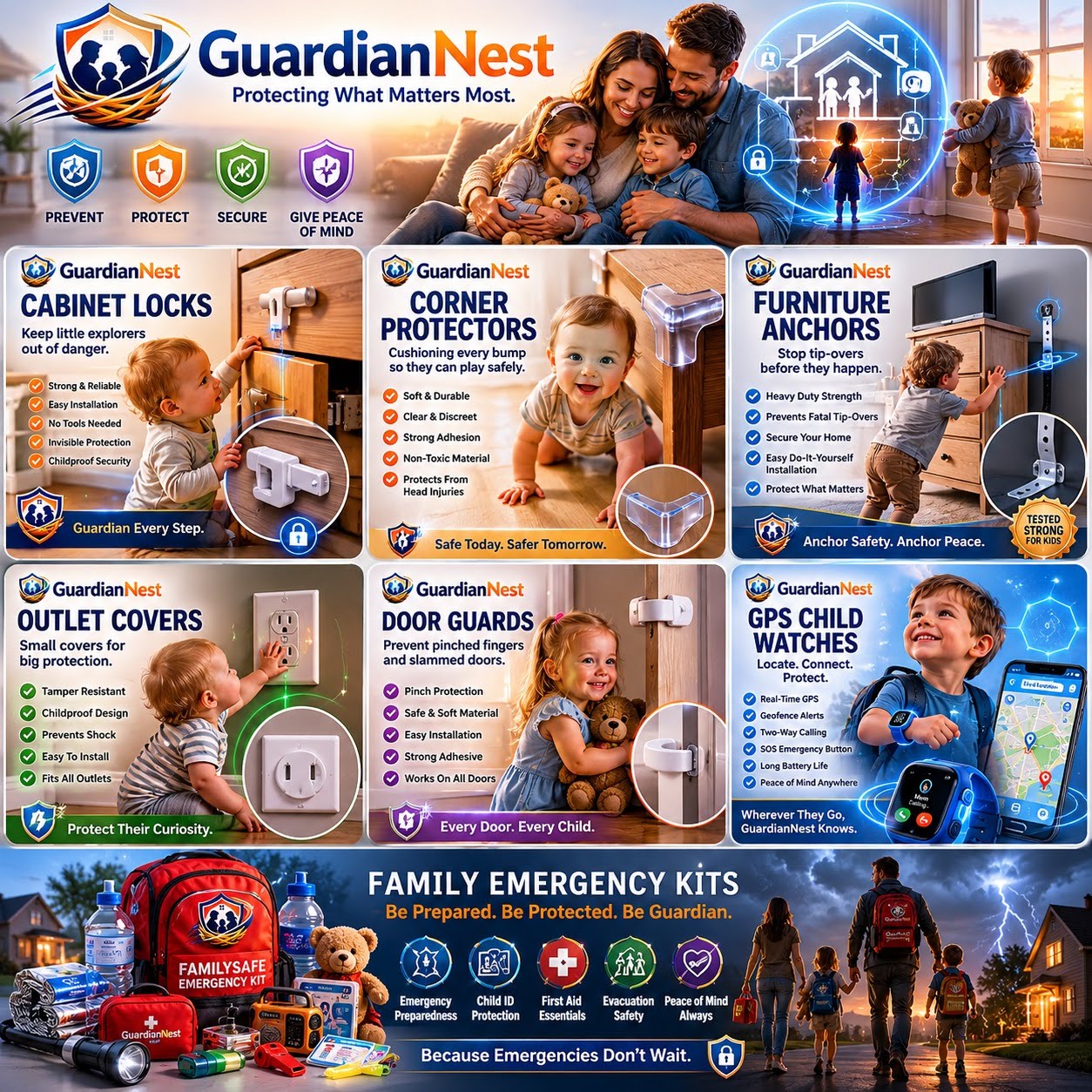 The Guardian Nest product line — cabinet locks, corner protectors, furniture anchors, outlet covers, door guards, and the family emergency kit