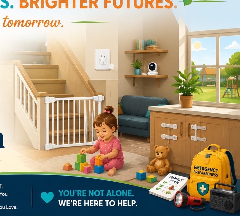 A toddler plays safely beside a stair safety gate in a bright, childproofed family home